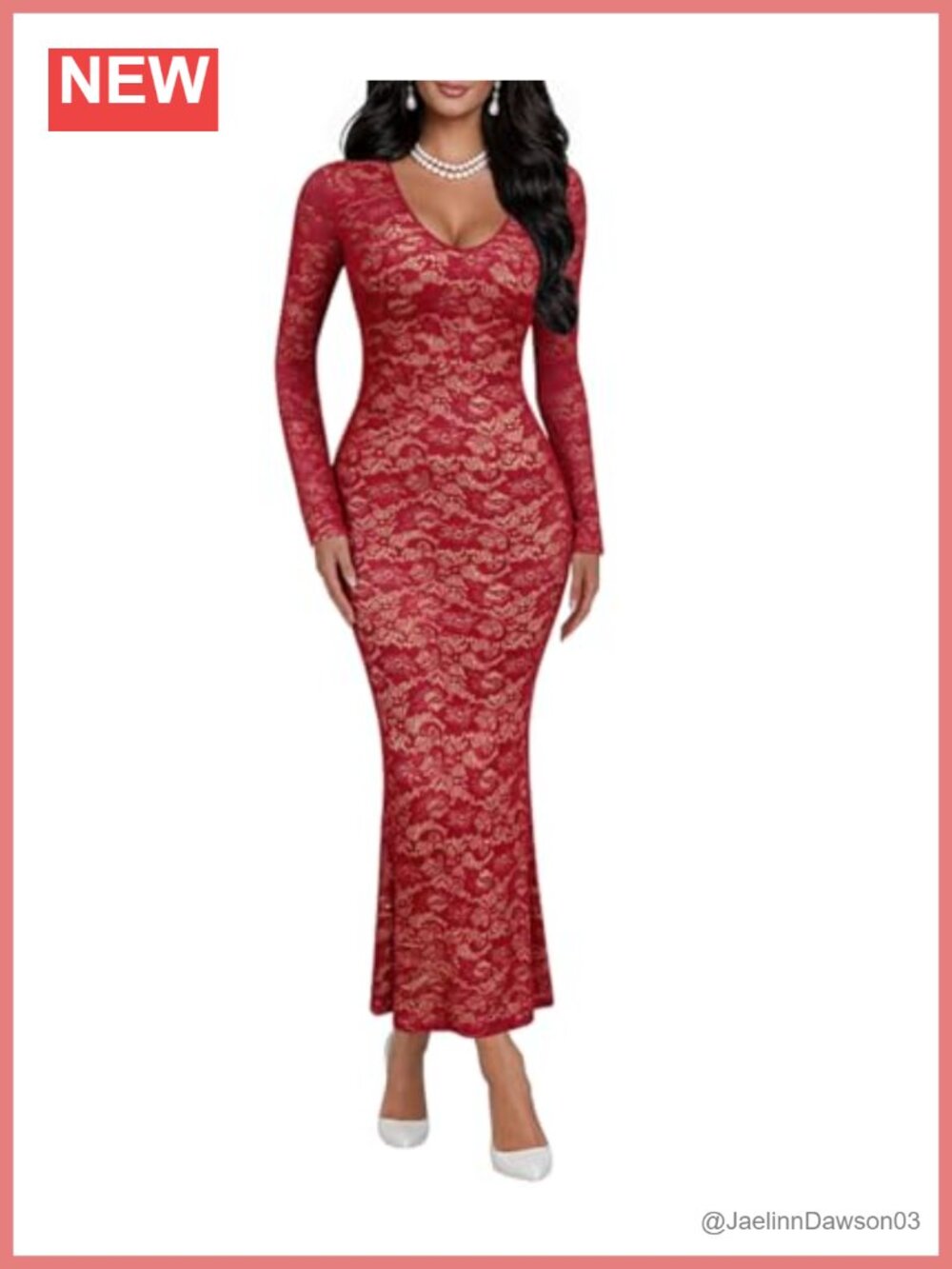 Women Bodycon Maxi Dress Lace Long Sleeve V-Neck Wedding Guest Cocktail